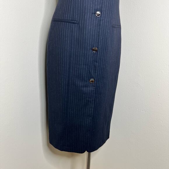 Erika Cavallini Sheath Shirt Dress 8 Pinstriped Button Front Midi Navy Wool New - Picture 6 of 12